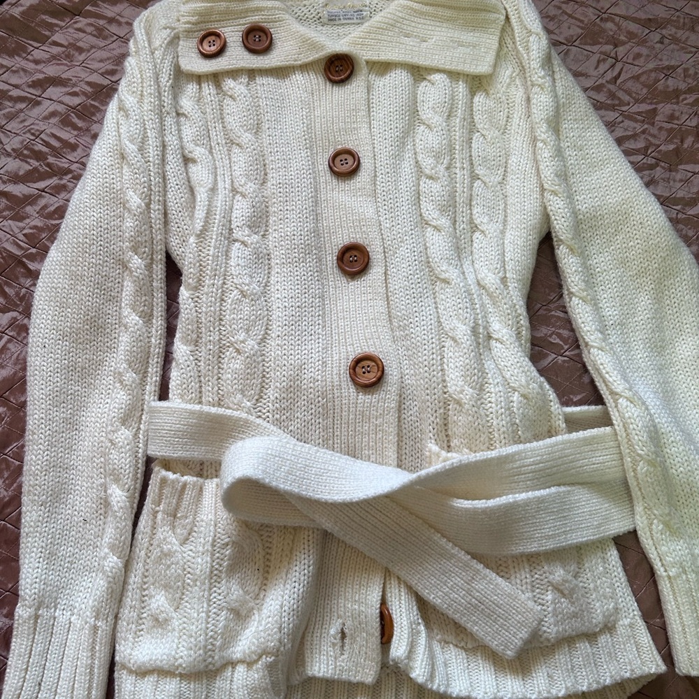 Cream Cable-Knit Button Front Women's Sweater with Waist Tie